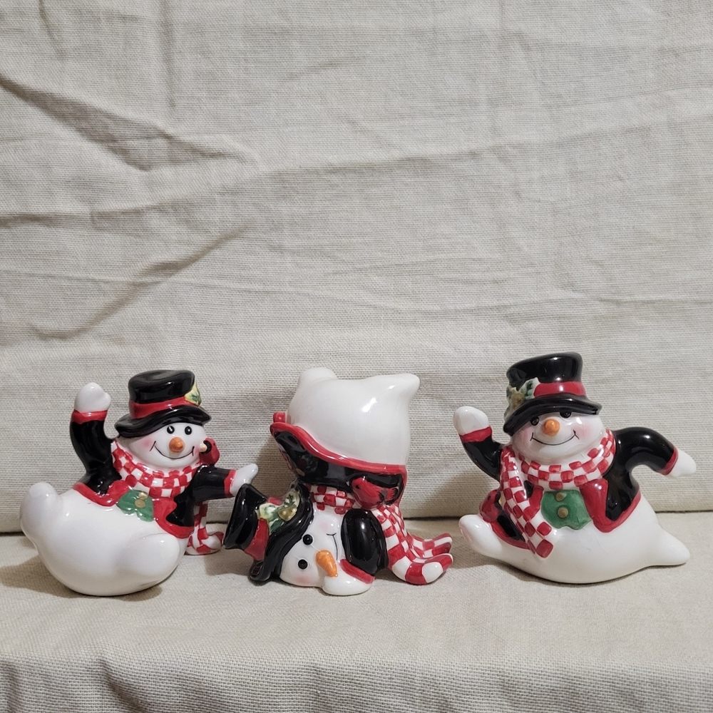 Set of 3 FITZ & FLOYD Holly Jolly Snowman Tumbler Christmas Figurines
